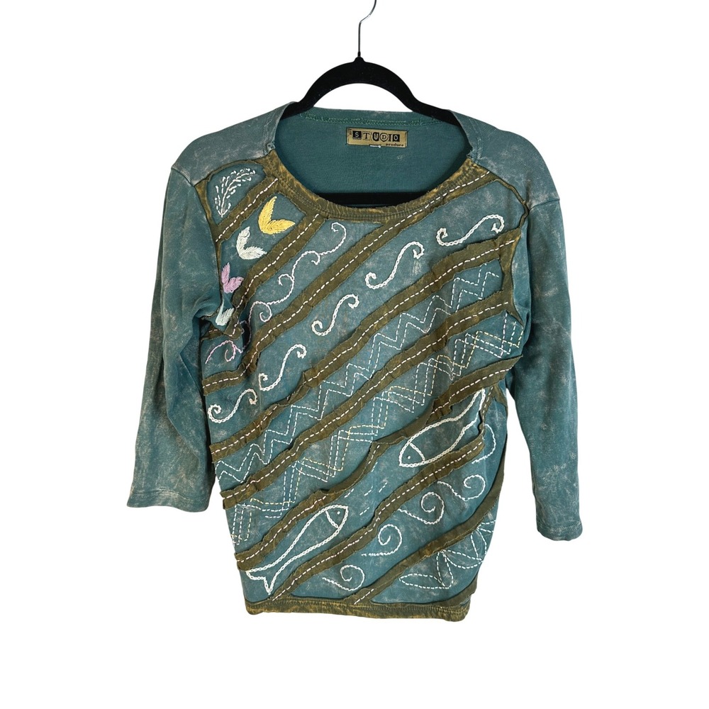 Studio Produce Women's Teal Acid Wash Embroidered Mixed Media Ruffle Top Medium‎